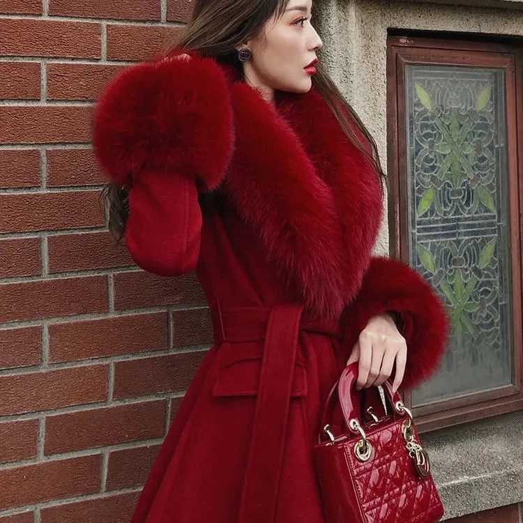 LOLIBOOK Womens Winter Warm Cotton Coat with Large Fur Collar A-line Ultra Thin Wool Coat French Fashion Hepburn Thick Artificial Fur Coat W240921