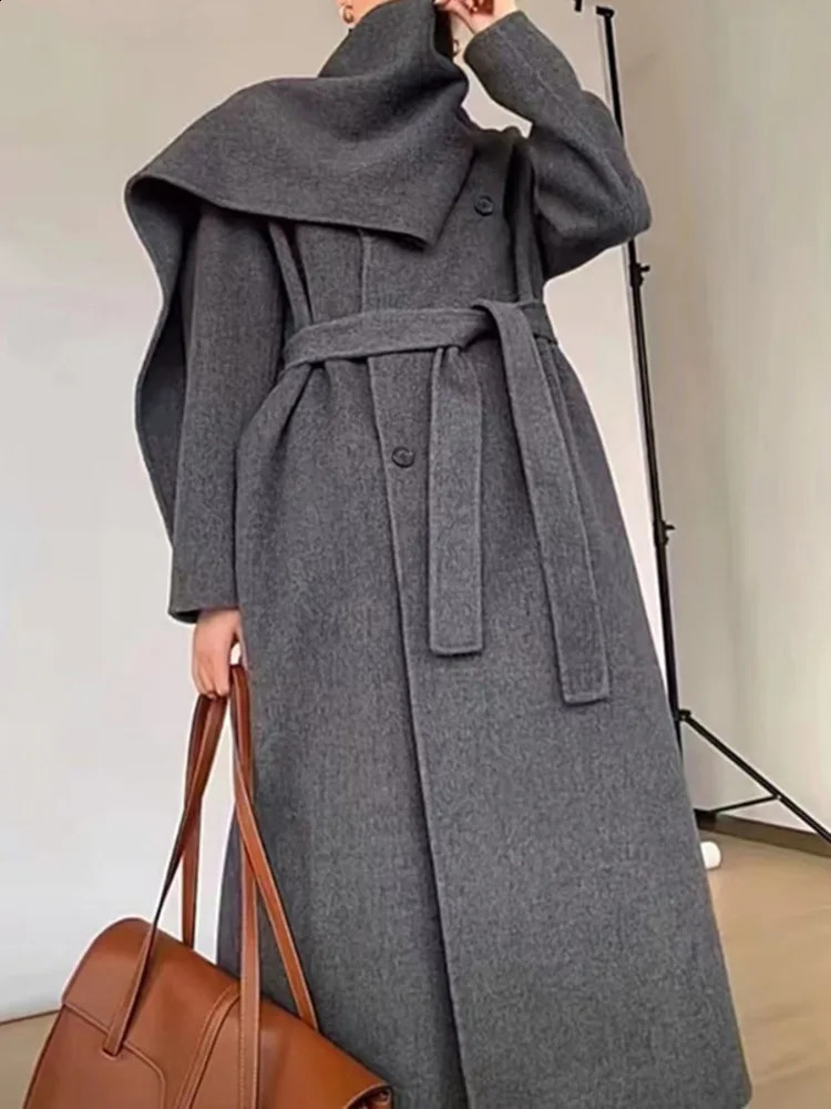Coat Shawl Scarf Collar Double breasted Solid Color Extended Womens Double sided Woolen Coat 240911