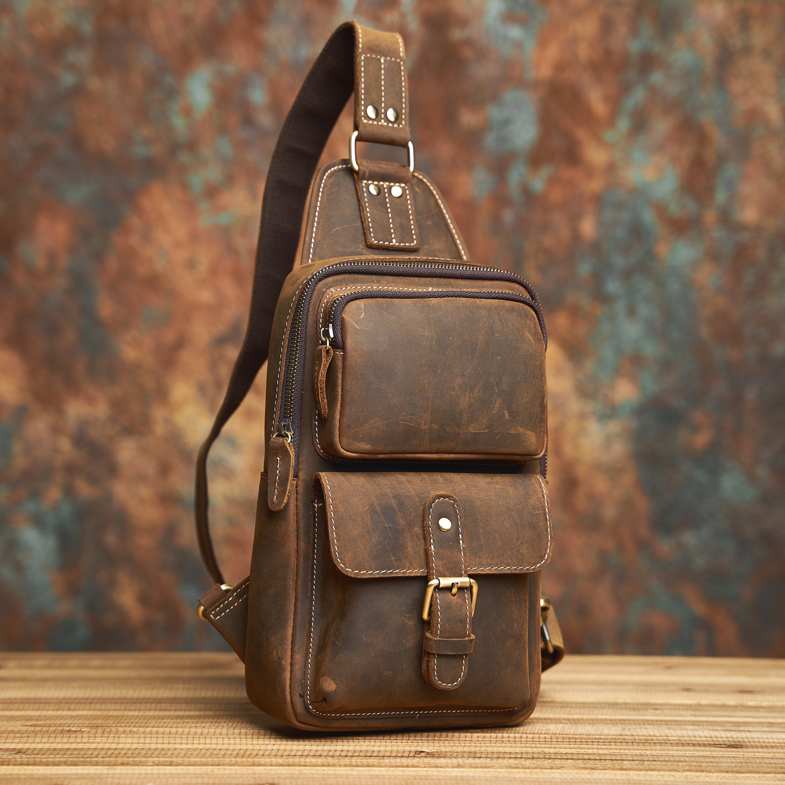 NASVA Genuine Men's Leather Chest Vintage Sg For Men,Crossbody Shoulder Bag Casual Small Backpack