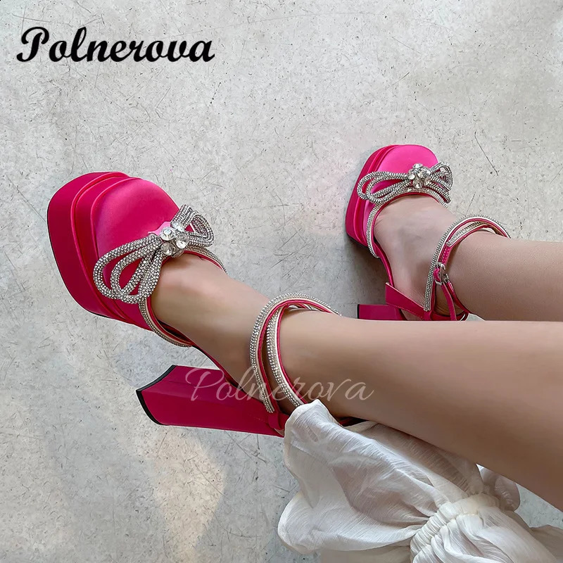 Black satin bow rhinestone high heels platform sandals for women thick high heels thick soled single shoes sandals De Mujeres En Oferta 240919
