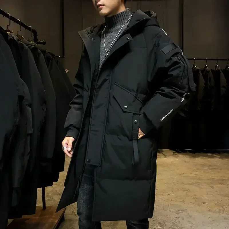 Mens Parkas Hooded new over the knee coat thick medium length clip on zipper button winter white duck down jacket W240920