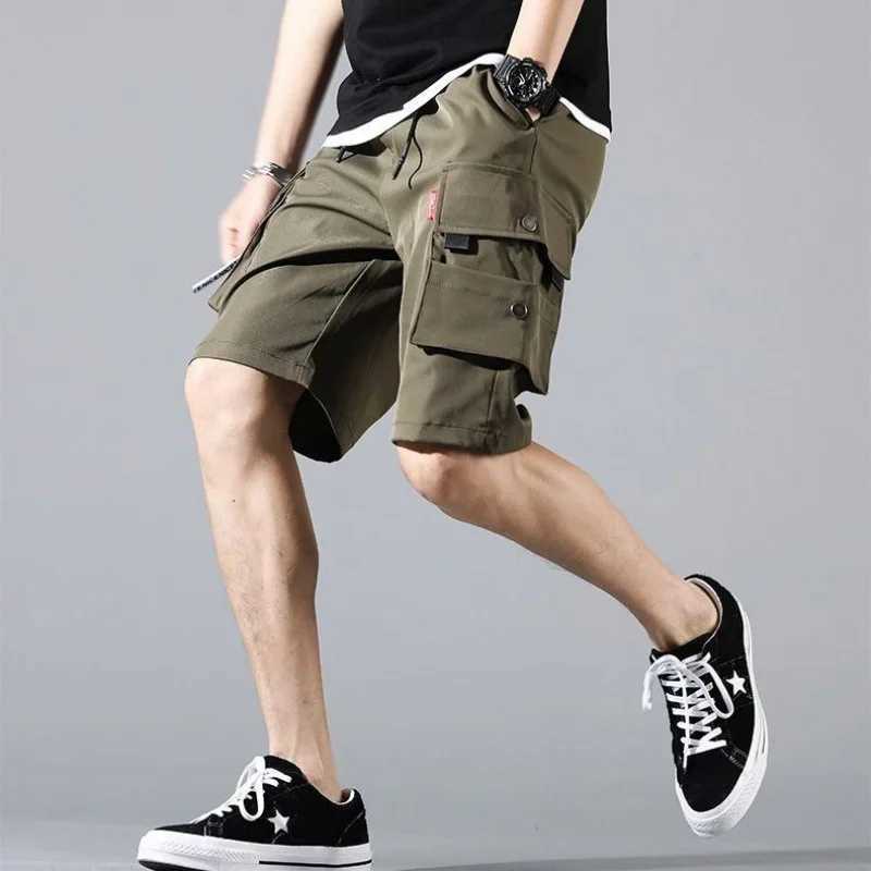 2024 Summer Mens Clothing Drawstring Solid Color Large Pockets Shorts Solar System Cargo Knee Pants Korean Version Cargo ShortsX240921