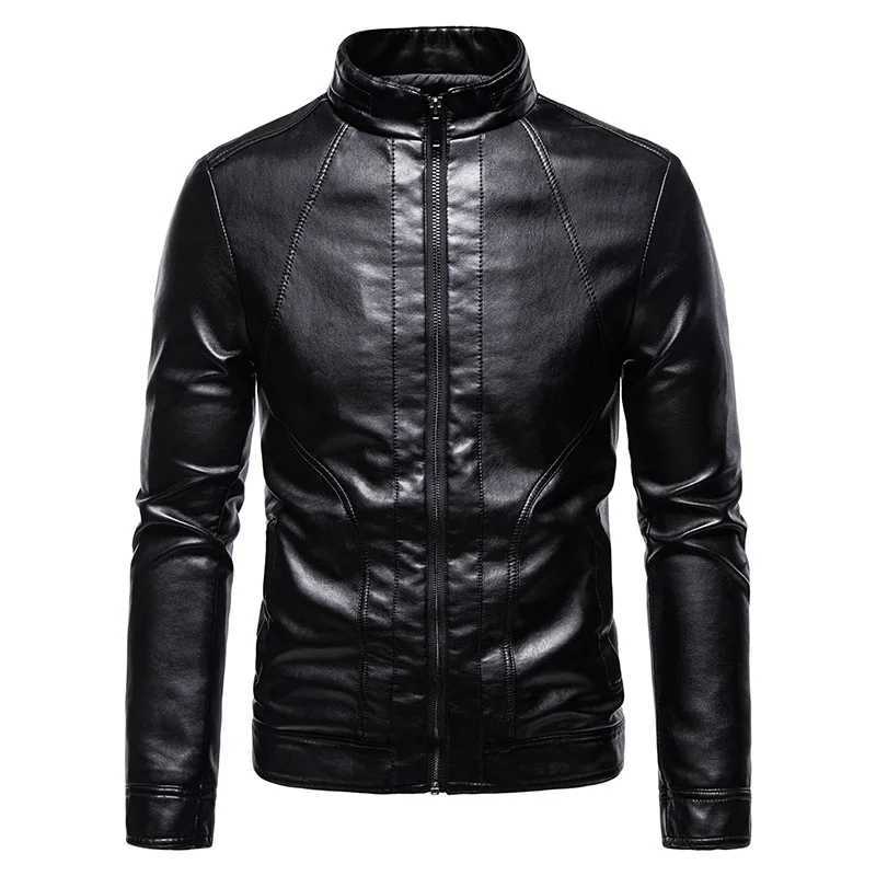 Spring and autumn mens motorcycle leather jacket fashionable slim fit stand collar black solid color windproof driving jacket bicycle jacket W240918