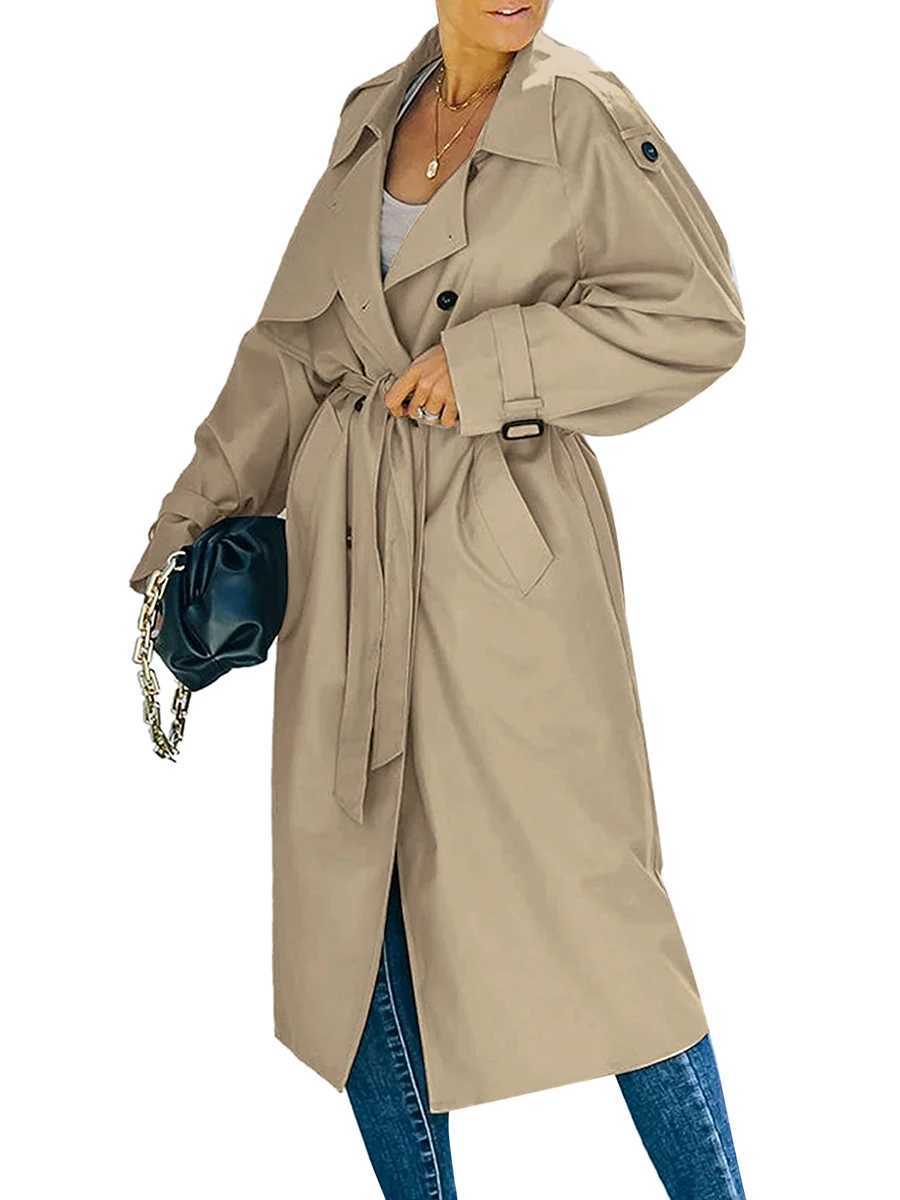 Women s Classic Long Trench Coat Double-Breasted Lapel Long Sleeve Windproof Overcoat with BeltX240921