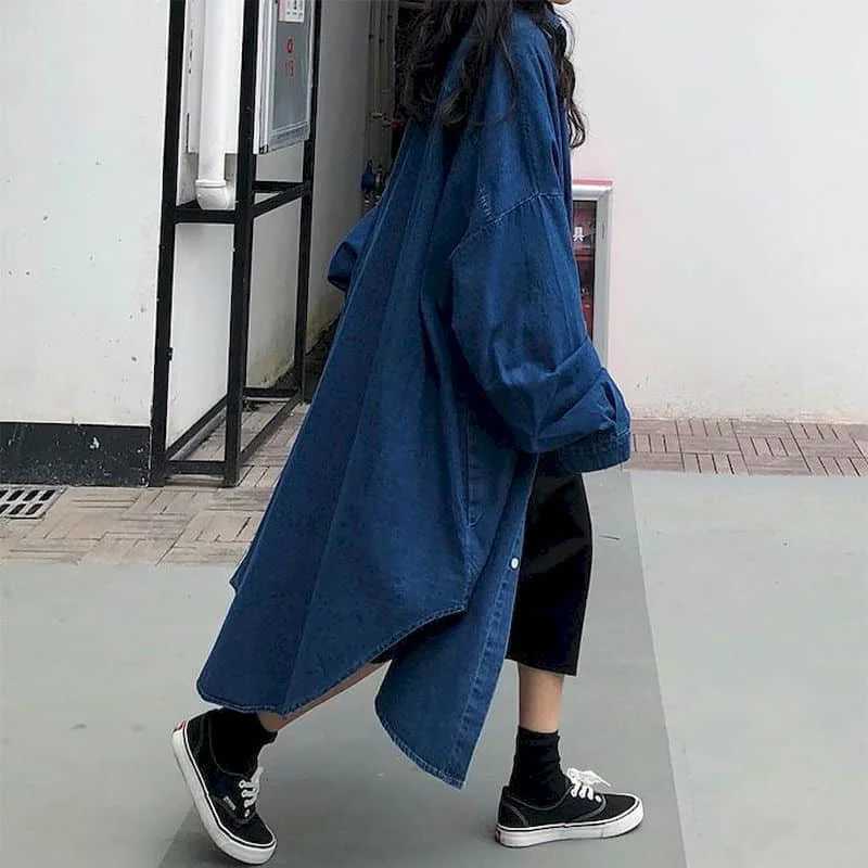 Denim Trench Coats Women Long Sleeve Casual Korean Style Workwear Jackets Vintage Ankle Length Oversized One-piece Women TopsX240921