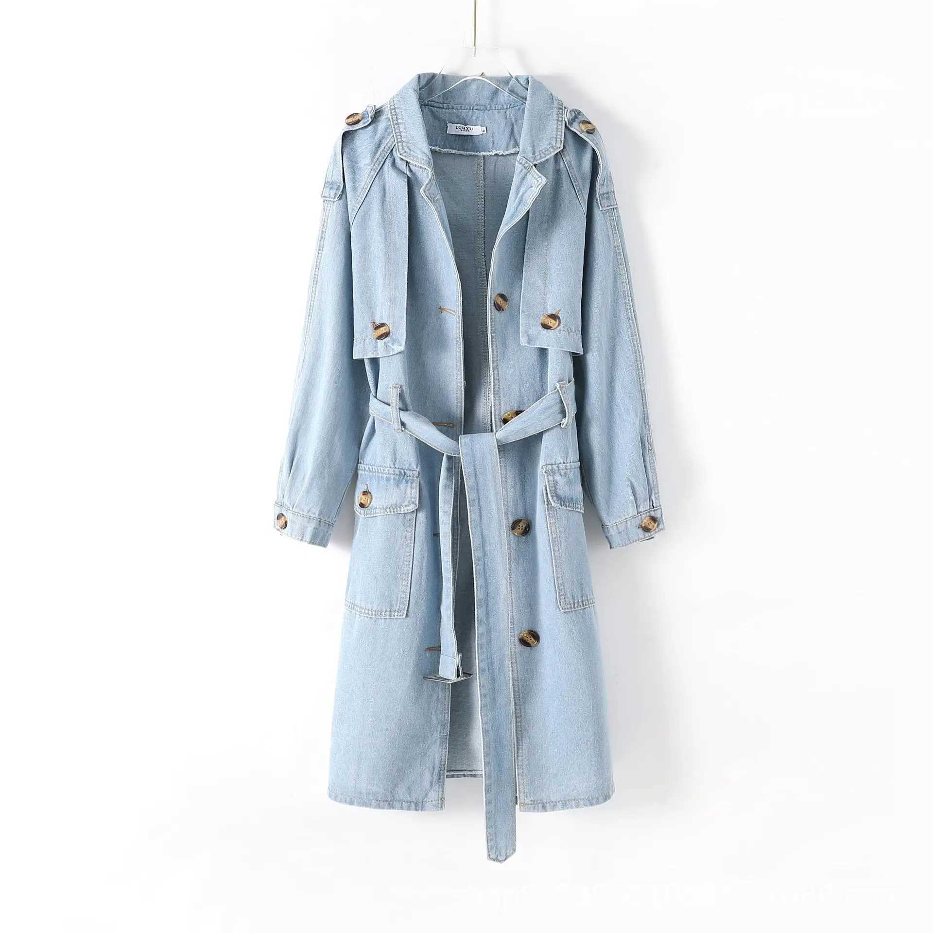 Blue Long Denim Trench Coat With Belt Womens Single Breasted Style Turn-down Collar Denim Jacket Spring Autumn Winter NewX240921
