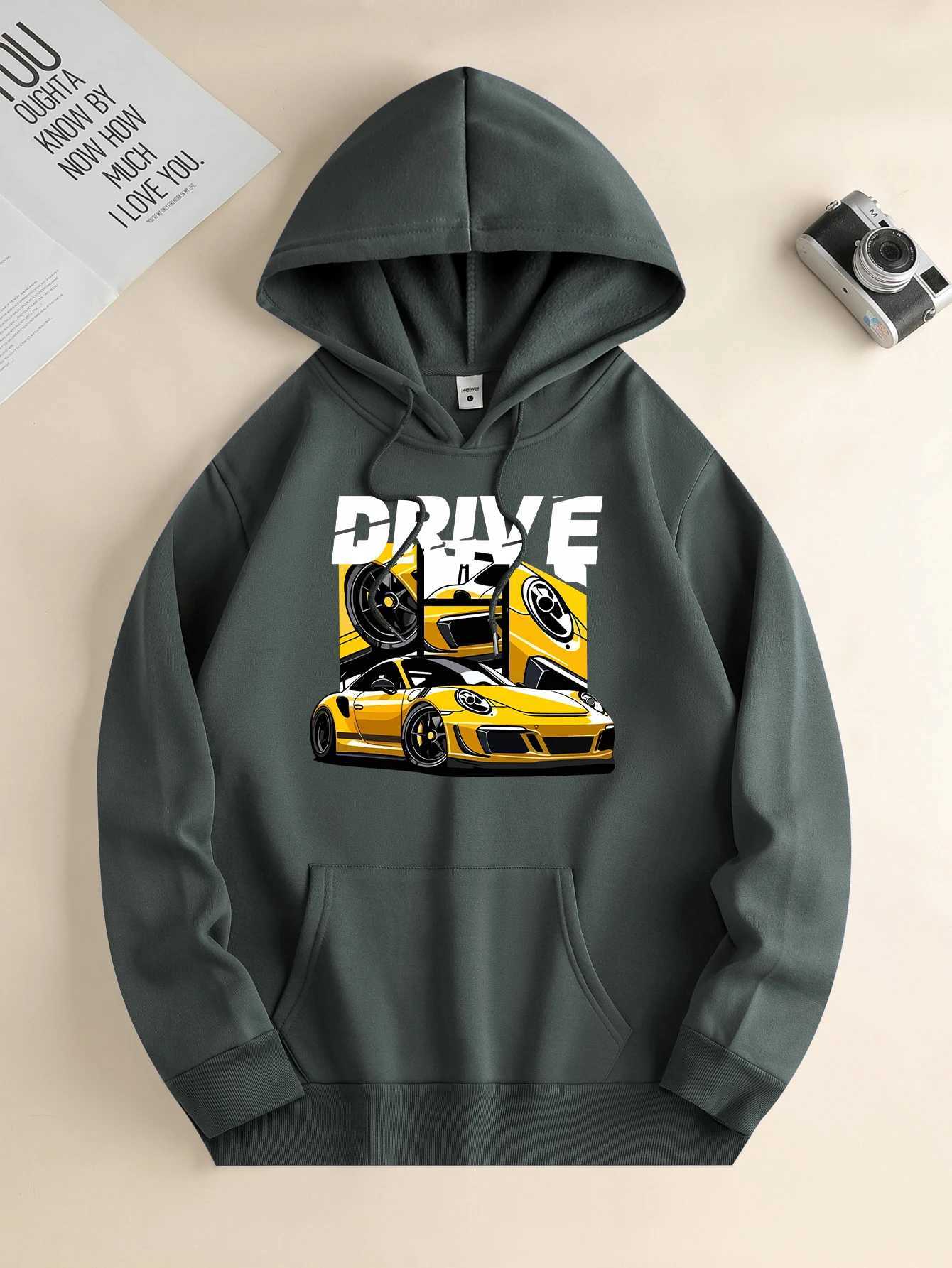 Mens new fashion hoodies casual daily drawstring hooked sweatshirts car prints front kangaroo pockets mens blouses W240921