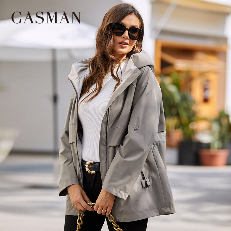GASMAN New Women's Jacket Spring 2022 Short High-Quality Trench Coat Women Windbreaker Hooded Design Solid Female Outwear 8223