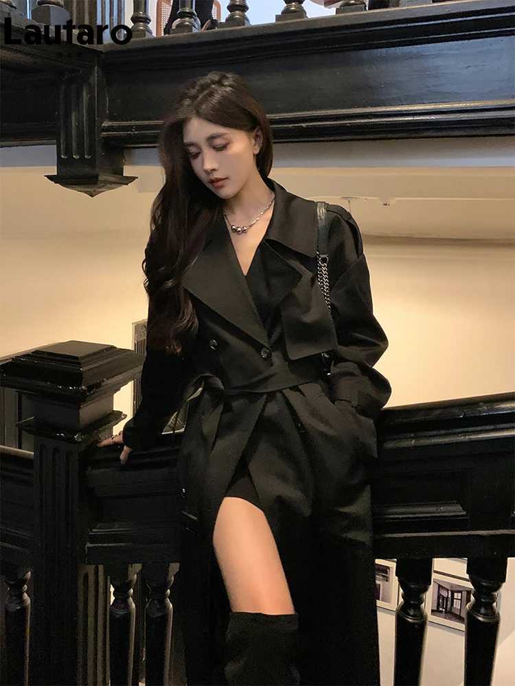 Lautaro Spring Autumn Long Black Hard Waterproof Trench Coat for Women Belt Double Breasted High Quality Luxury Overcoat 2024X240921