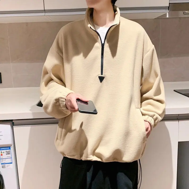 Mens sports shirt spring thick zipper mens hooded sweatshirt outdoor retro stand up collar basic solid top 240911