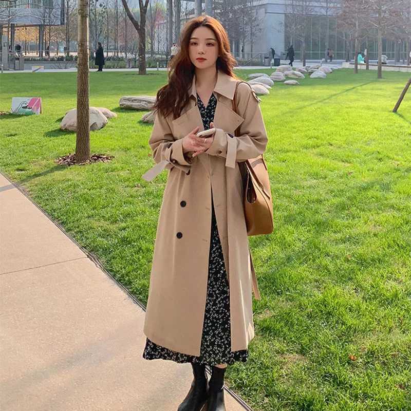Streetwear Loose Trench Coat Midi Length Fashion Korean Elegant Khaki Black Womens Windbreaker Coat Casual Double Breasted TopsX240921