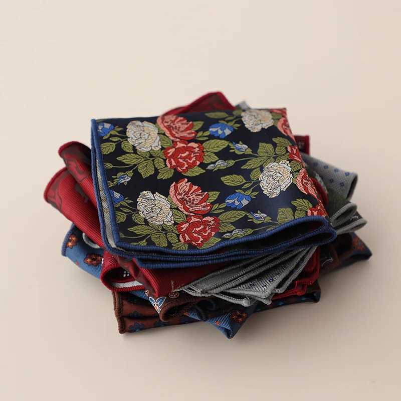 23cm New Design Mens Green Brown Pocket Square Floral Polyester Soft Handkerchief Wedding Party Tuxedo Accessories Cravat HankyX240921