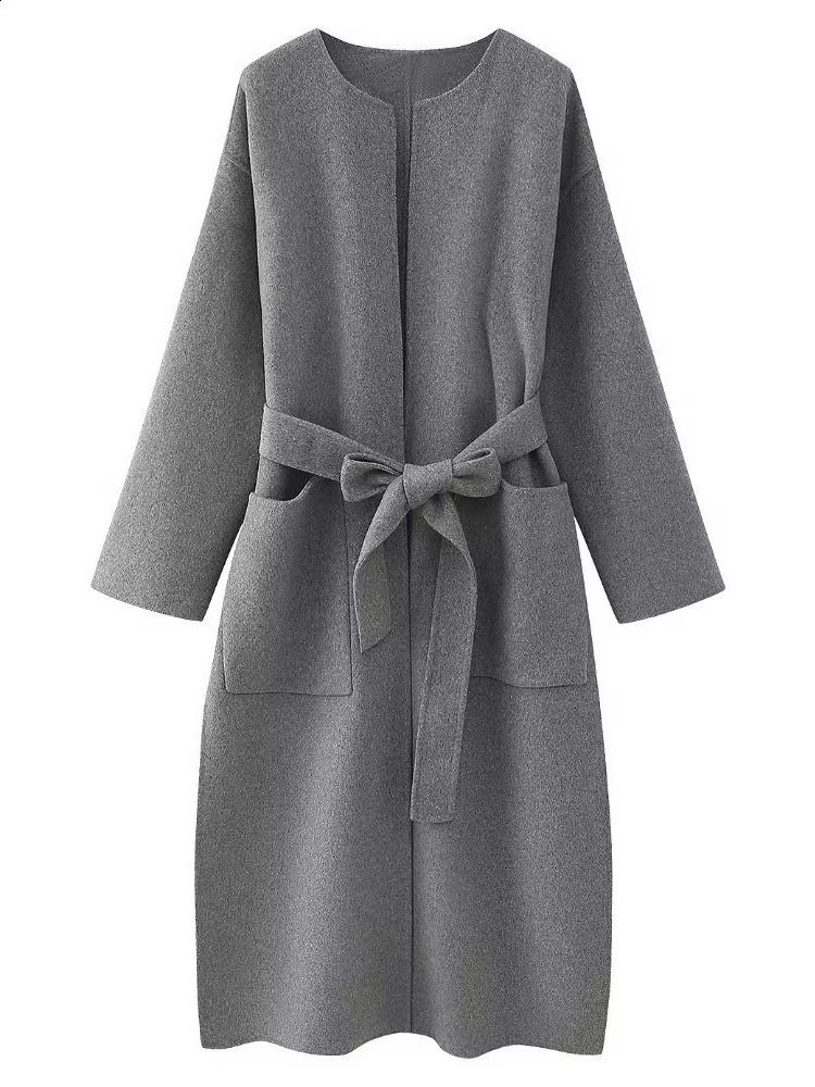 Grey Long Woolen Coats Women Fashion Elegant Wool Blend Jackets Female Winter Vintage Lace-Up Overcoat High Street Chic Coats 240918