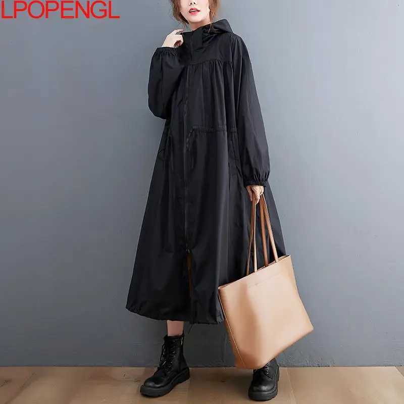 Windbreaker Womens Trench Coat 2023 New Autumn Oversized Black Casual British Style Fashion Hooded Mid-length CoatX240921