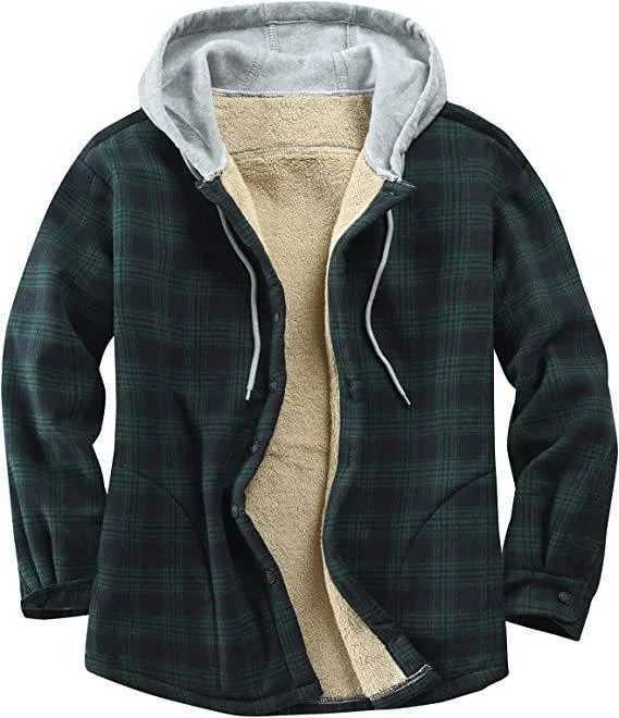 Mens Winter Flannel Plaid Coats Jackets Long Sleeve Hooded Plush Coat Loose Fleece Lined Wool Thick Warm Jackets Overwear M240921