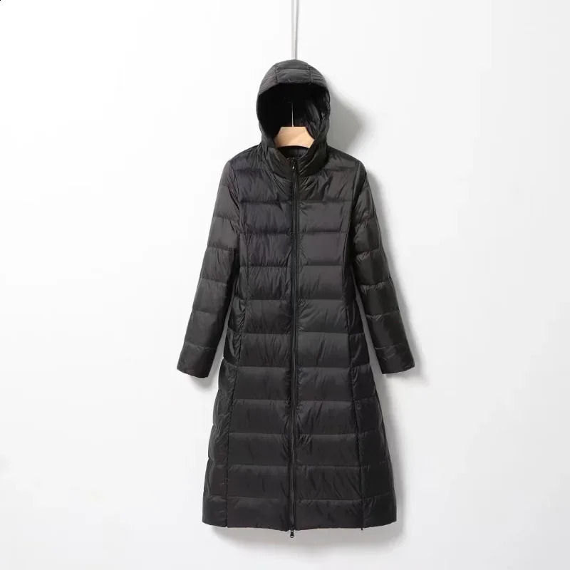 Womens Long Down Jacket Style Ultra Light Knee Fashion Slim Fit Hooded Casual Inflatable 240918