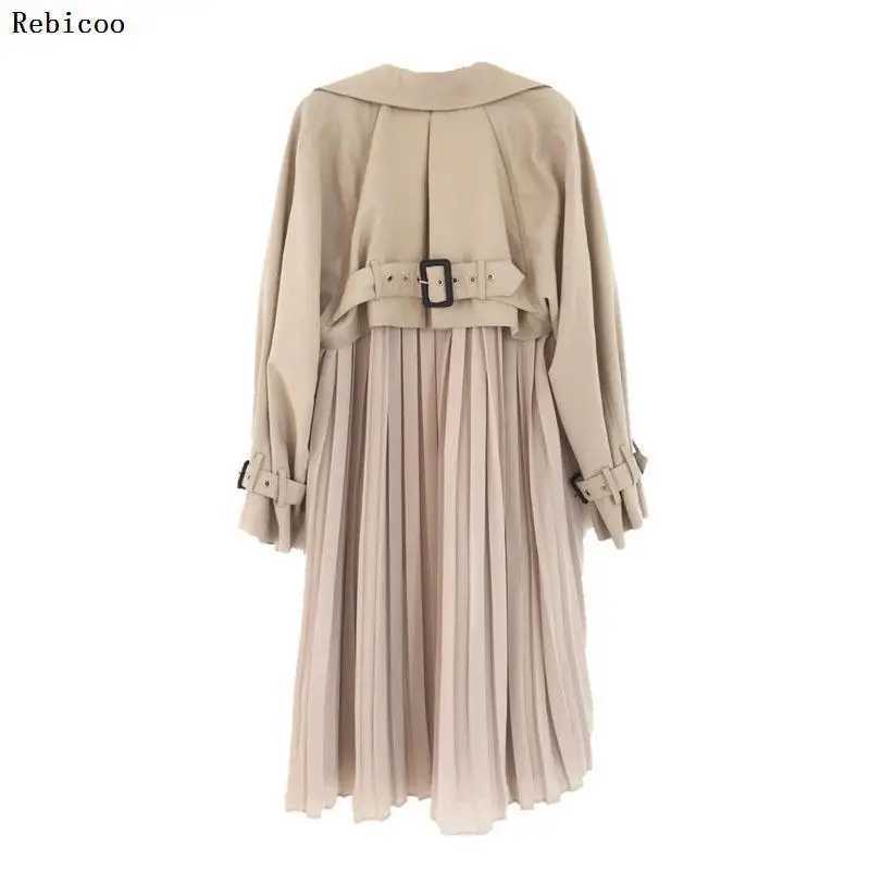 Womens Trench Coat long Spring coats female fashion Pleated chiffon splice outwear loose trench coat for women thinX240921