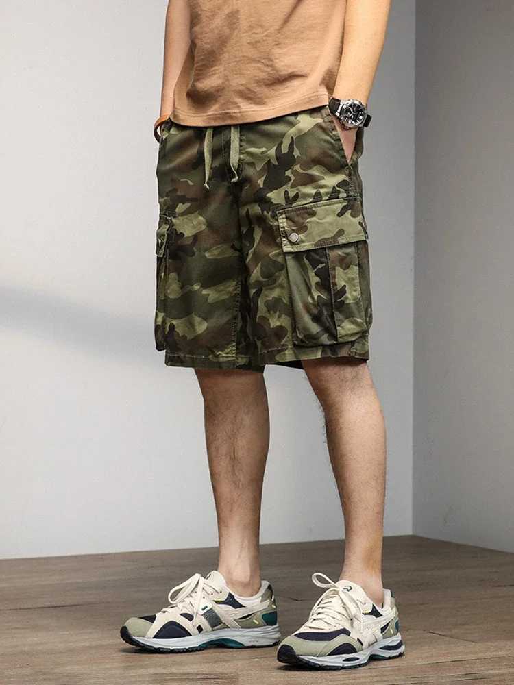 Summer Mens Cargo Shorts Multi-Pockets Washed Cotton Straight Short Pants Male String Banding Camouflage Casual ShortsX240921