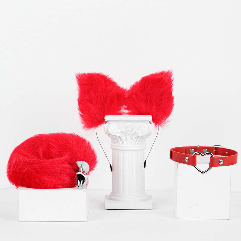 Sex toys SM props Fox girl sex suit Fox hair headband Tail anal plug Cat collar 3-piece set Hair replacement