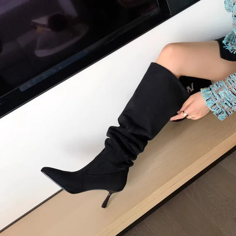 Womens Autumn Boots High Heels Knee High Chelsea Shoes Sexy Elegant Moccasin Vintage Fashion Black Trend 240921