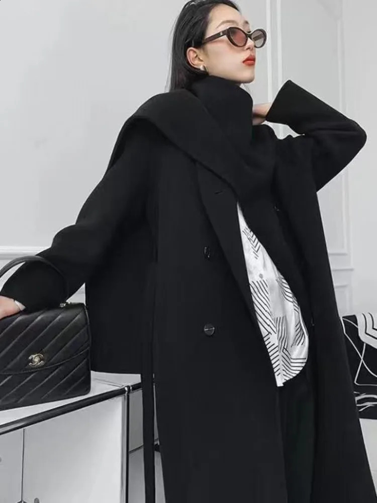 Coat Shawl Scarf Collar Double breasted Solid Color Extended Womens Double sided Woolen Coat 240911