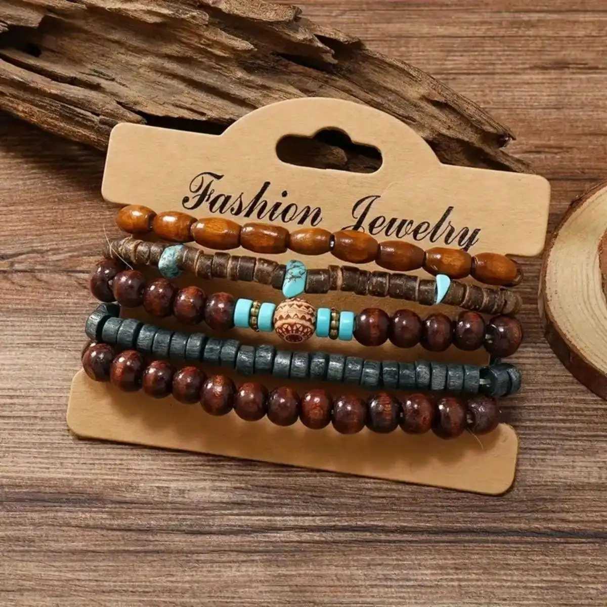 5pcs/set Natural Stone Wood Beads Beaded Bracelet Mens Chinese Style Charm BraceletX240921