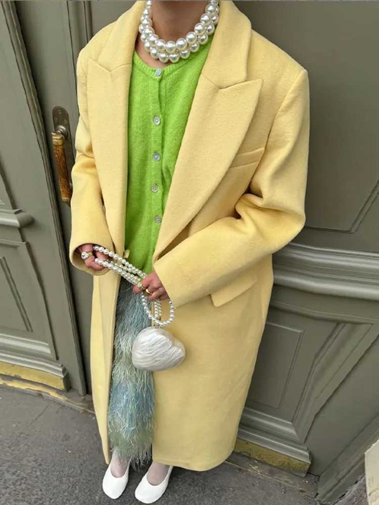 Yellow long sleeved single-layer thin coat womens casual lapel wool coat with bag 2024 autumn and winter new loose jacket W240921