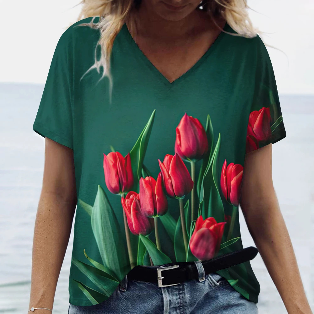 2024 new designer fashionable tulip 3D printed summer casual V-neck shirt retro women's plus size top free shipping
