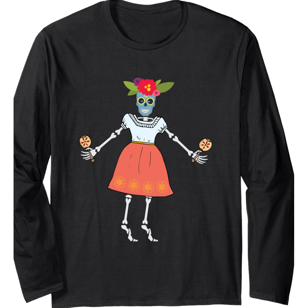 Long Sleeve Shirts for Men sweatshirt La Santa Muerte Skeleton With Rumba Shakers Maracas Streetwear Casual tops clothes fashion