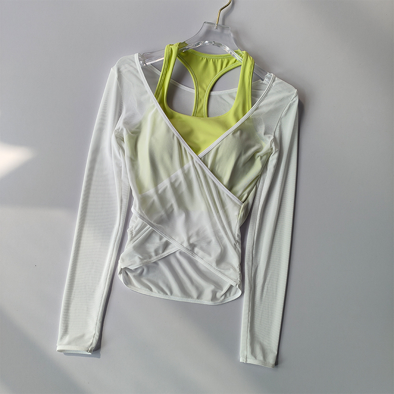 2024 new sexy mesh slimming yoga suit, suitable for women to gather together as a sports bra, two fake quick drying Pilates training hoodies for free 