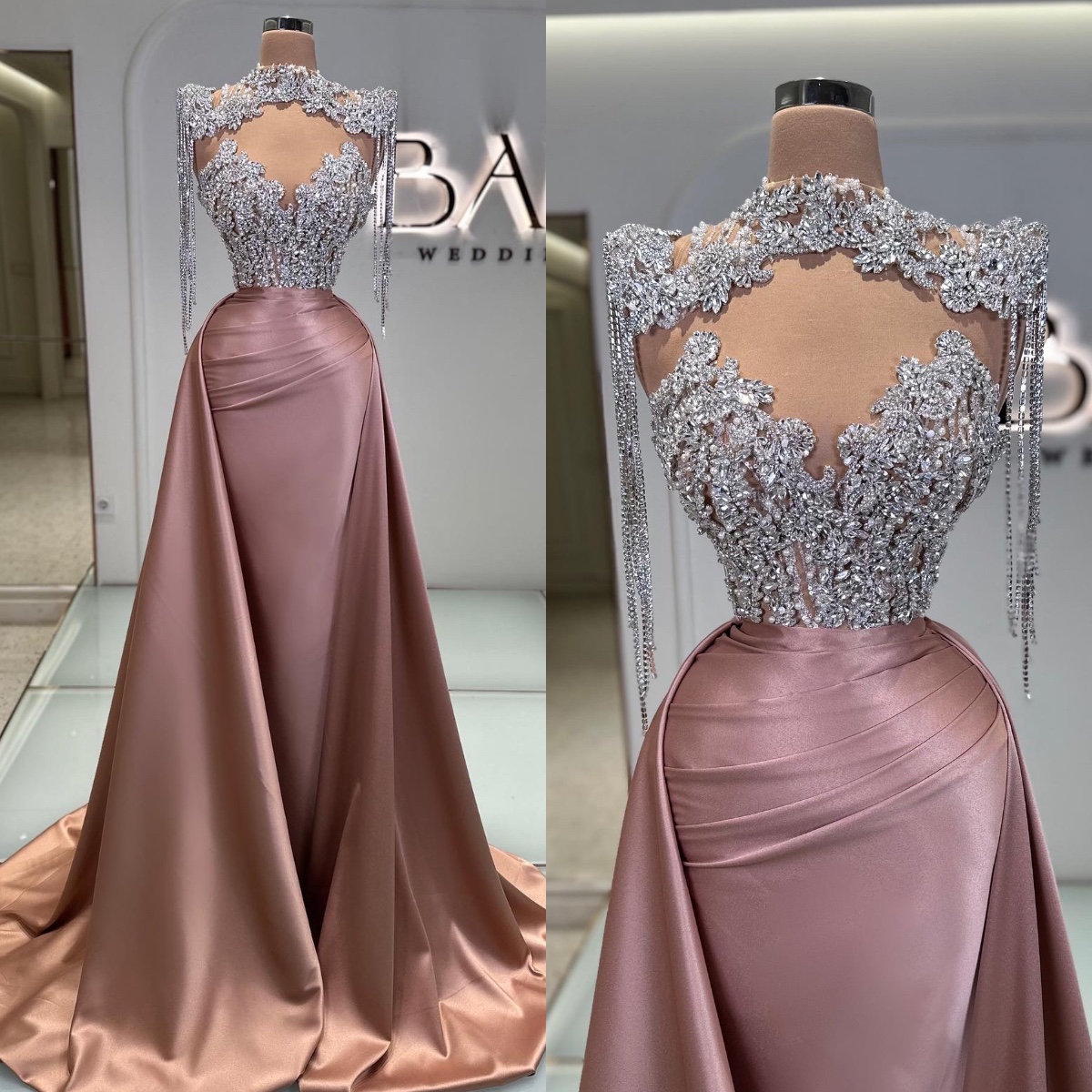 Fabulous crystal mermaid Evening Dresses elegant beaded high neck tassels prom dress pleats satin formal dresses for special ocns