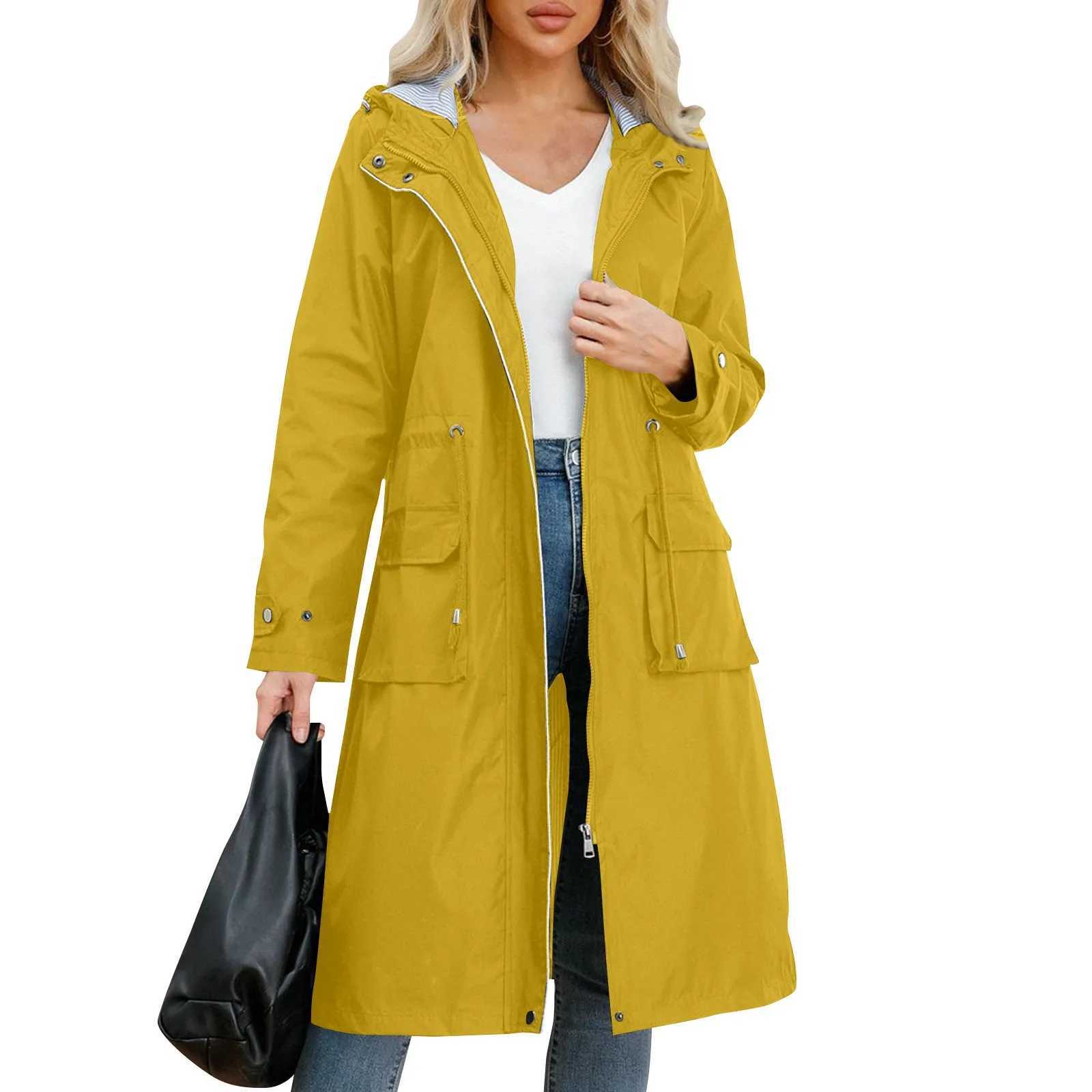 WomenS Solid Hooded Jackets Autumn New Medium Length Windbreaker With Striped Daily Causal Comfortable Straight Tube TrenchX240921