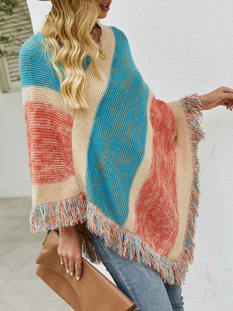 Autumn and Winter Batwing Sleeve Rainbow Stripe Raincoat Womens Fashion Sweater Cloak 2023 New Lanhua Shawl Womens Tassel Corner W240921