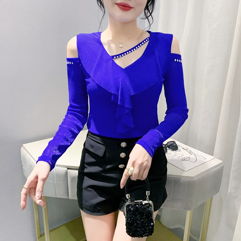 2024 Autumn Korean Mesh Ruffle V-neck Diamond T-shirt Off Shoulder Fashion Long Sleeve Top 240918