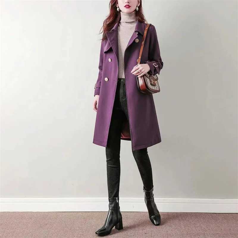 Elegant Womens Trench Coat New Solid Color Double Breasted Mid Length Ladies Office Windbreakers Womens Basic Coat OuterwearX240921