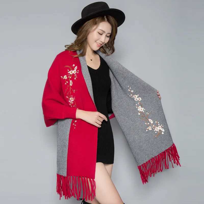 Womens Embroidered Sleeves Raincoat Shawl Dual Womens Autumn and Winter Thick Embroidered Cashmere Open Coat Womens Top Q51 W240921