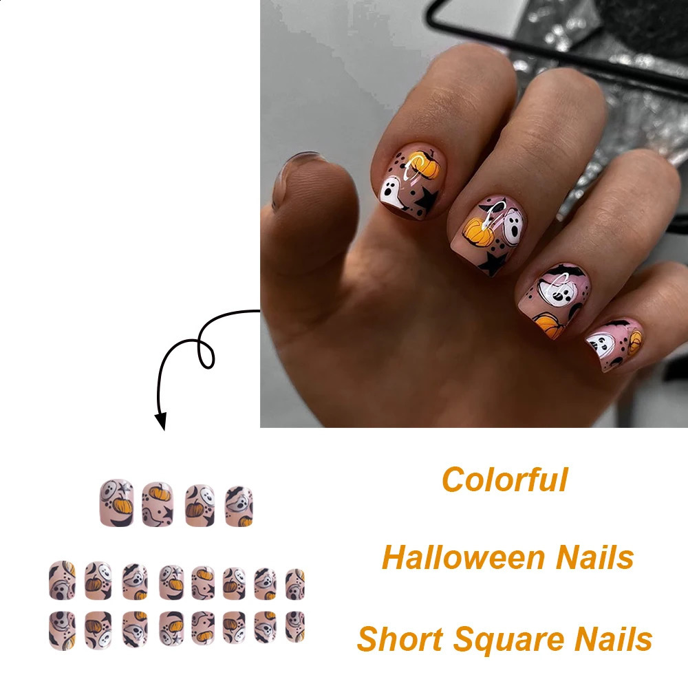 24pcs Simple Ghost Cartoon Wearable French Short Nails Square Head False Nail Press On Nails Manicure Tool 240914