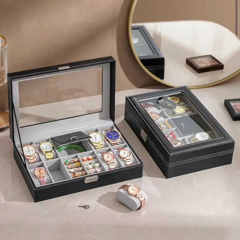 Watch Box 8 Jewelry Box Watch Display Case Organizer Jewelry Trey Storage Box Black PU Leather with Mirror and Lock 240910
