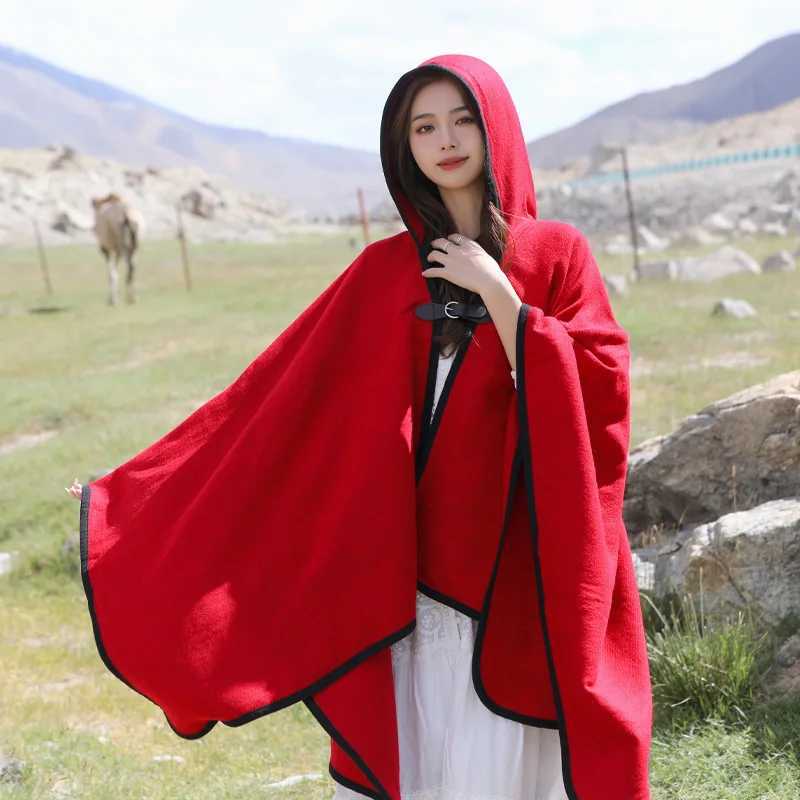 WeHello autumn and winter new shawl women imitate cashmere warm bohemian ethnic style hat cloak travel style W240921