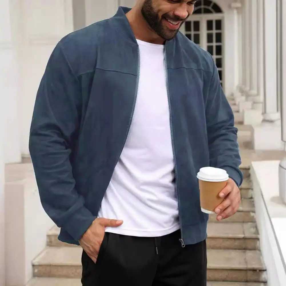 Mens Suede Jacket Stand Collar Long Sleeve Zipper Coat With Side Pockets Solid Color Loose Ribbed Sleeves Winter Coat M240921