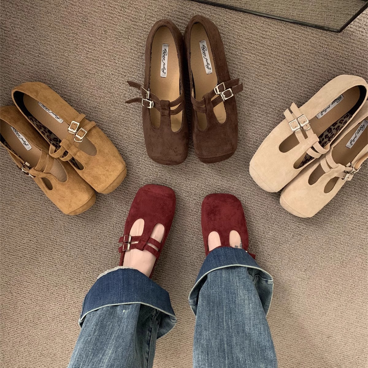 Women's Comfort Flat Shoes: Soft Sole Casual Shoes, Square Toe, Trendy Commute Footwear in Red, Brown, Coffee 036c