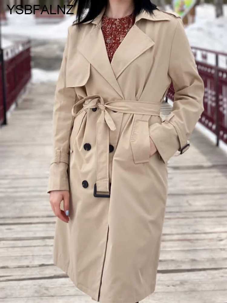 2023 Windbreaker Autumn Winter Women Lapel Double Breasted Trench Coats Office Long With Belt Lining Korean Fashion ClothingX240921
