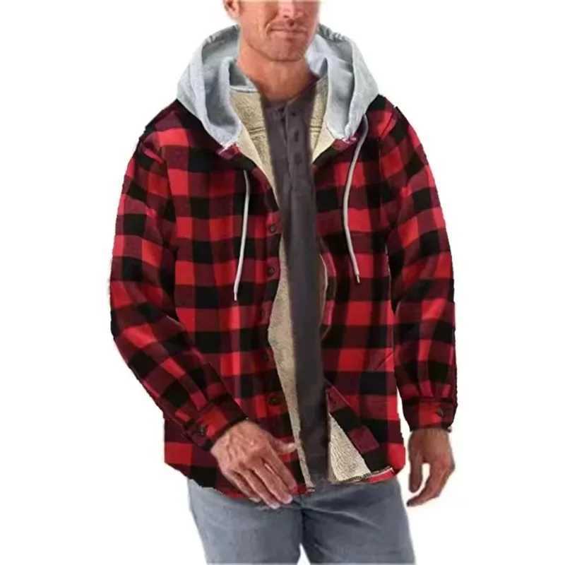 The New Plaid and Fleece Long Sleeve Hooded Combined Fleece Loose Mens Jacket Winter Jacket Men Jackets M240921