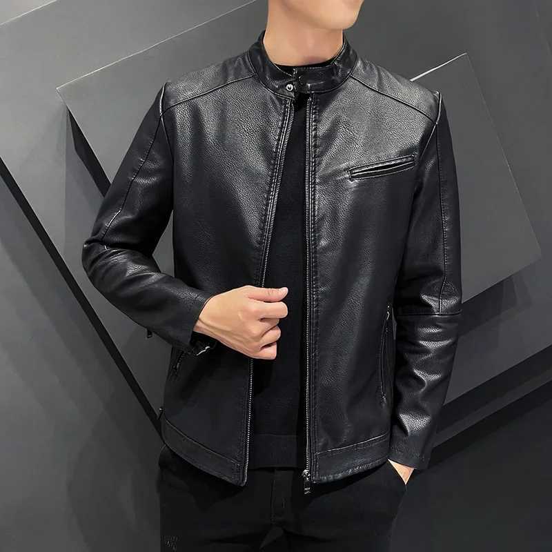 Spring and summer mens jacket casual motorcycle windproof and warm stand collar PU leather jacket mens slim fit plush coat W240918