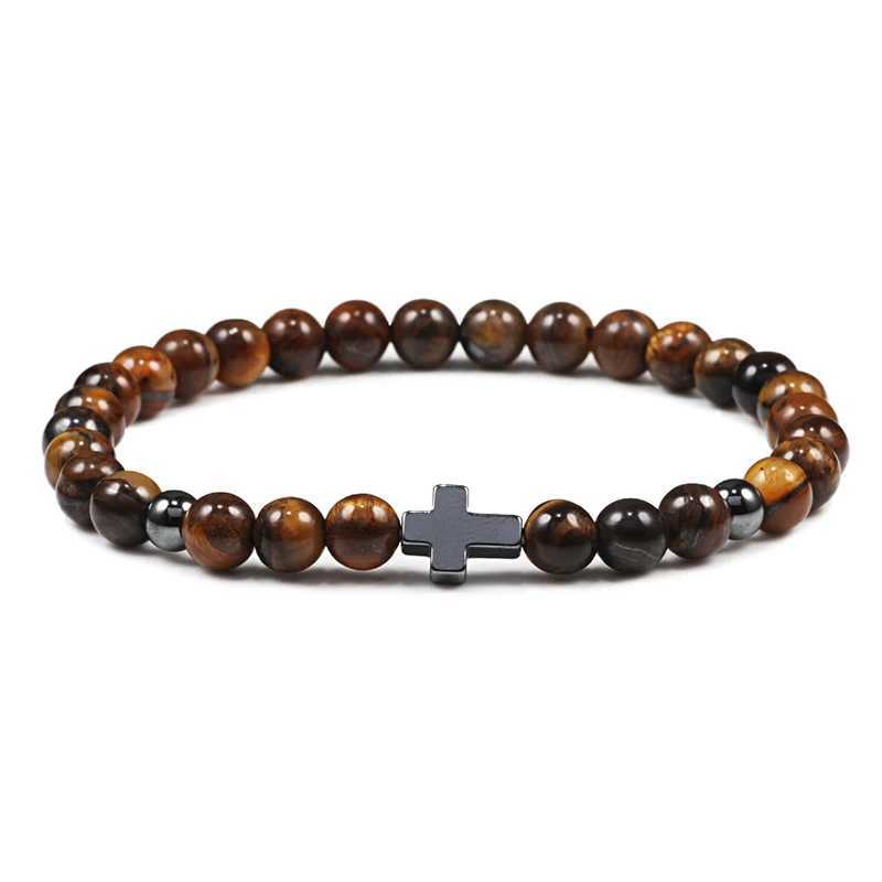 Prayer Men Women Bracelet Hematite Cross 6MM Natural Stone Tiger Eyes Bead Strand Bracelets Bangle Jesus Yoga Homme Jewelry GiftX240921