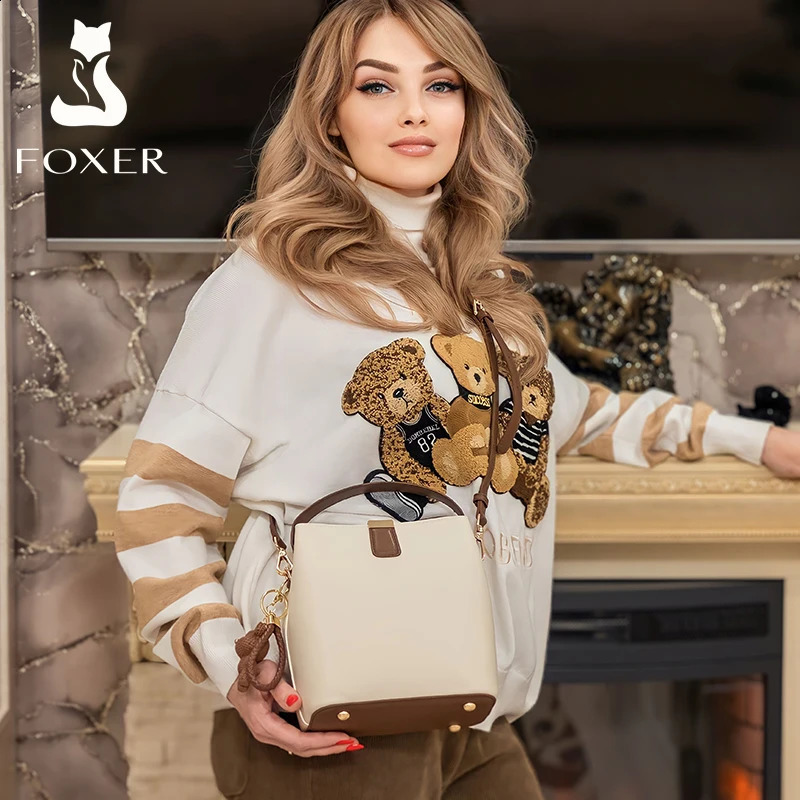 FOXER split leather bucket bag womens messenger highquality fashionable handbag and elegant large capacity 240919