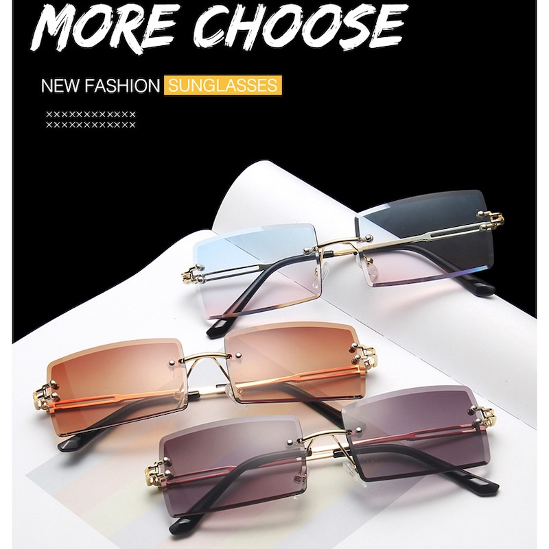 Square Rimless Sunglasses Women Rectangle Fashion Popular Men Shades Small Sun Glasses For Female Male Summer Traveling Purple S135 IVISTA