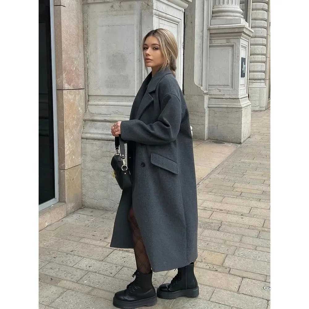 2024 Autumn and Winter New Womens Fashion and Casual Versatile Flip Collar Double Breasted Button Long Woolen Trench CoatX240921