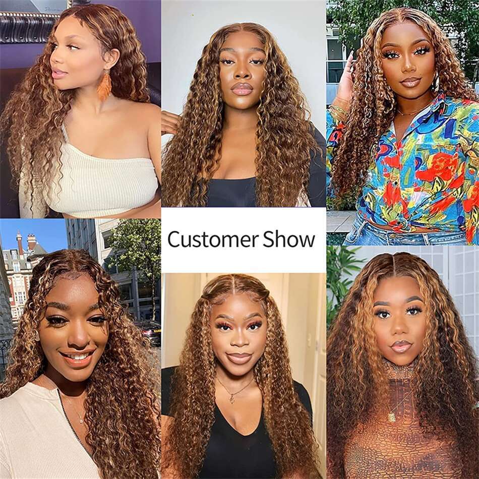 13x4 Highlight Brown Front Honey Blonde Colored Kinky Curly Human Hair Wigs Deep Wave Lace Frontal Wig