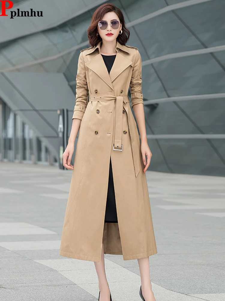 Korean Long Slim Double Breasted Trench Coats Casual Khaki Windbreaker Jackets Spring 5xl Gabardina Streetwear Womens CasacasX240921